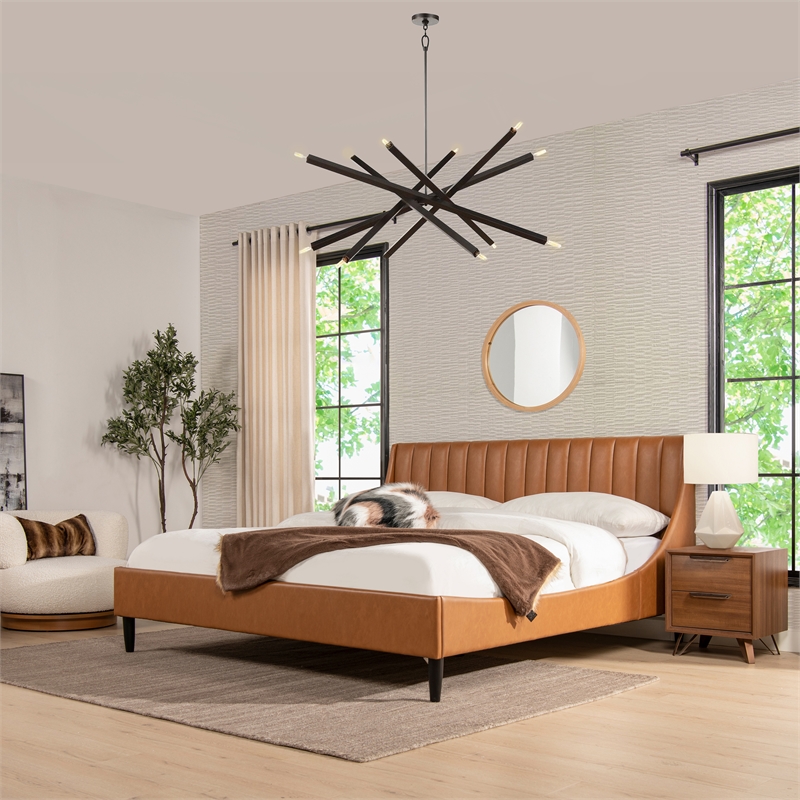 Pemberly Row King Tufted Headboard Platform Bed in Caramel Tan Faux Leather