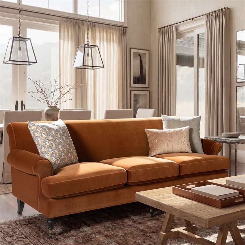 Pemberly Row 3-Cushion Tightback Sofa in Burnt Orange Velvet