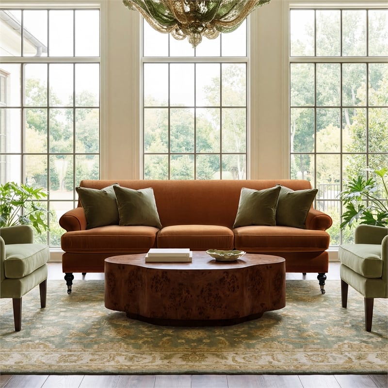 Pemberly Row 3-Cushion Tightback Sofa in Burnt Orange Velvet