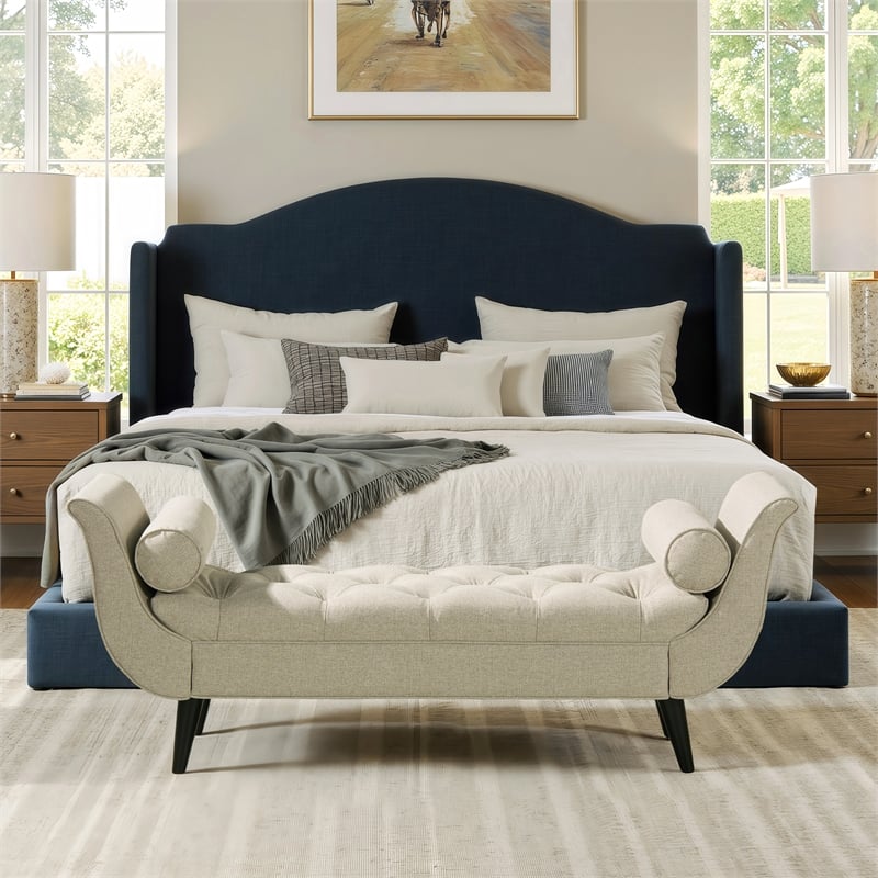 Pemberly Row Contemporary Tufted Flared Arm Entryway Bench in Taupe