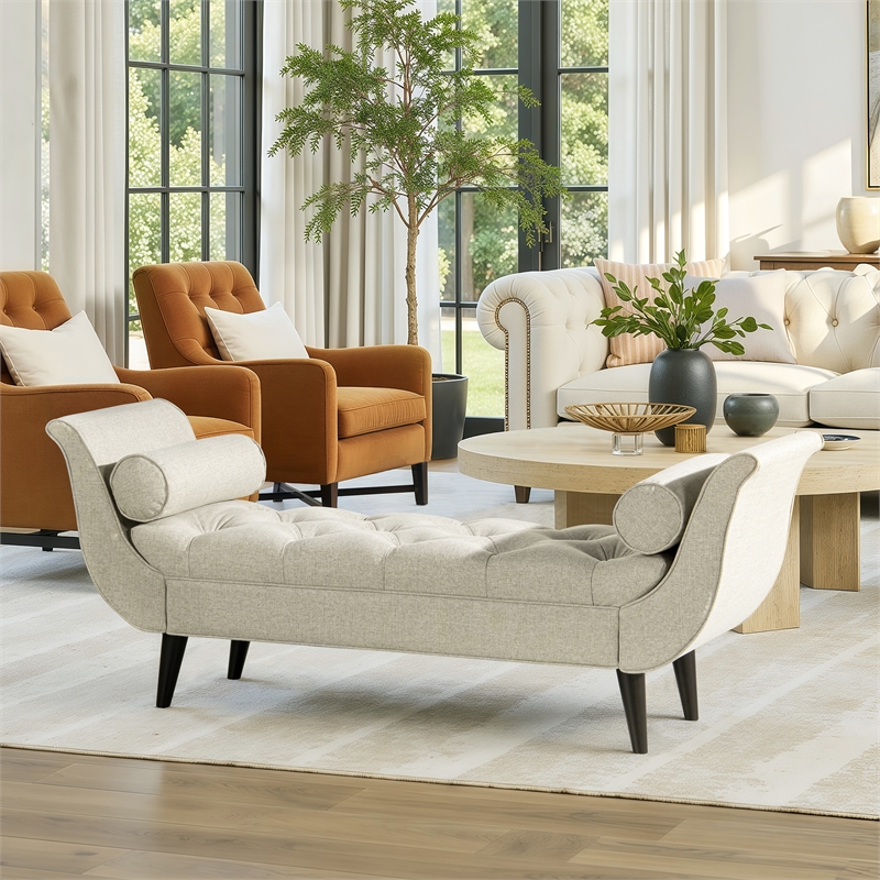 Pemberly Row Contemporary Tufted Flared Arm Entryway Bench in Taupe