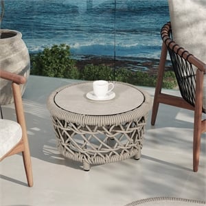 Pemberly Row 21.5&quot Round Woven Patio Coffee Table in Light Beige