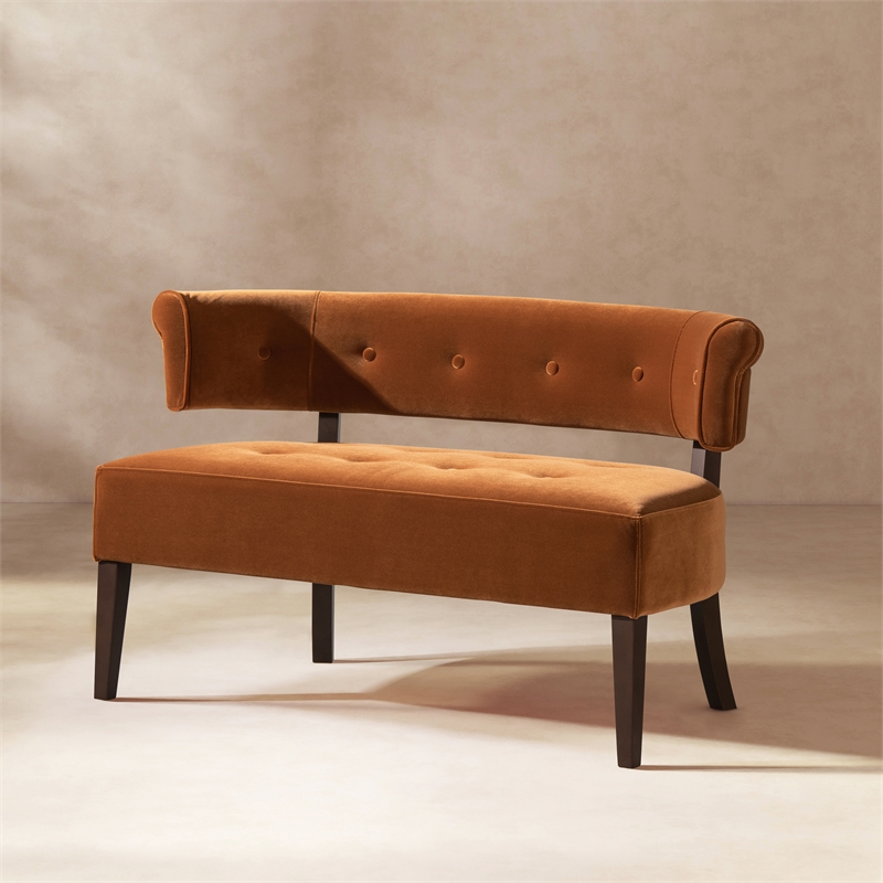 Pemberly Row Roll Arm Tufted Bench Settee in Burnt Orange Velvet