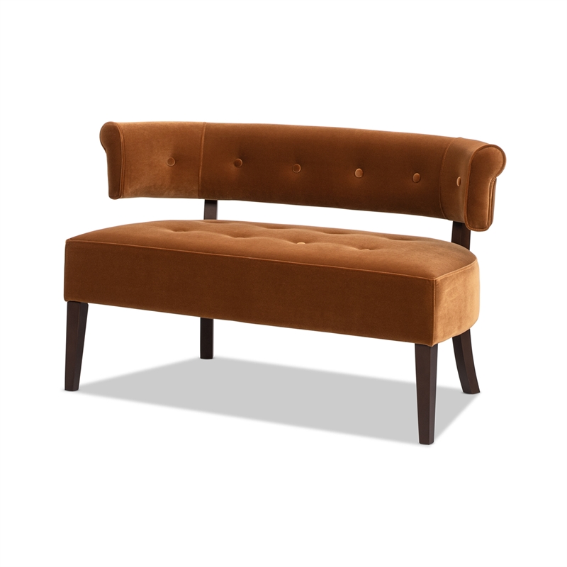 Pemberly Row Roll Arm Tufted Bench Settee in Burnt Orange Velvet