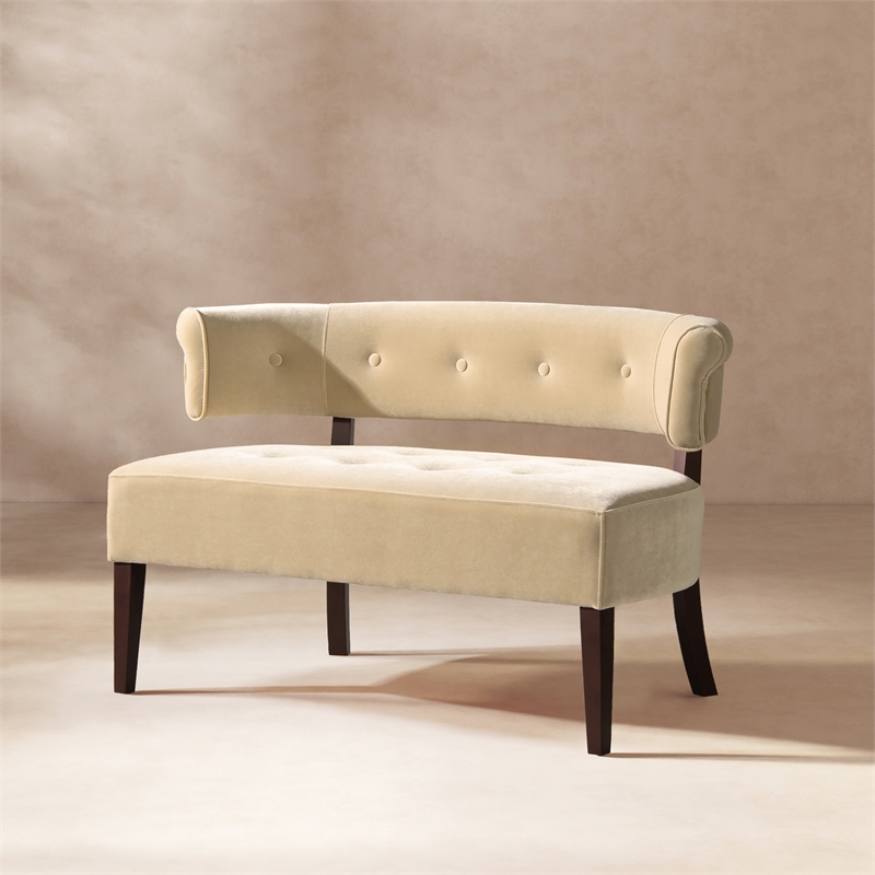 Pemberly Row Roll Arm Tufted Bench Settee in Fawn Brown Velvet