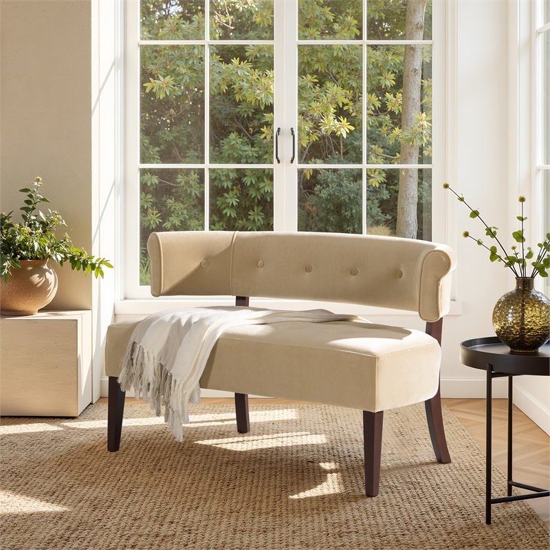 Pemberly Row Roll Arm Tufted Bench Settee in Fawn Brown Velvet