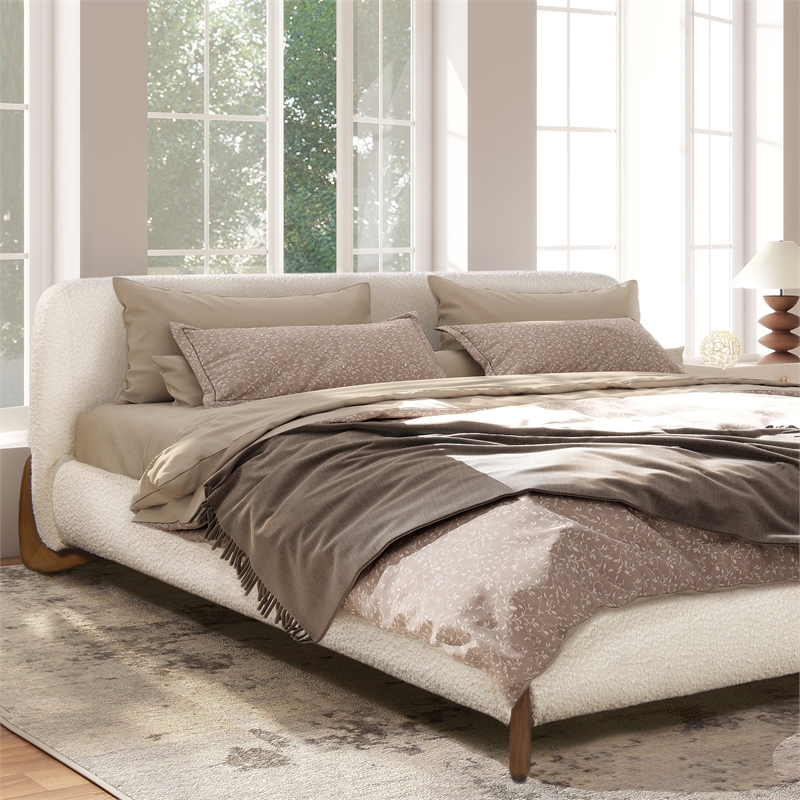 Pemberly Row Puffy Platform Bed King with Sherpa Boucle in Ivory White