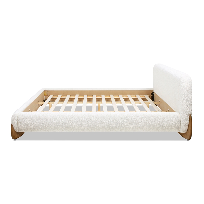 Pemberly Row Puffy Platform Bed King with Sherpa Boucle in Ivory White