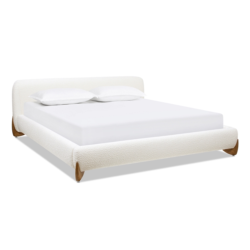 Pemberly Row Puffy Platform Bed King with Sherpa Boucle in Ivory White