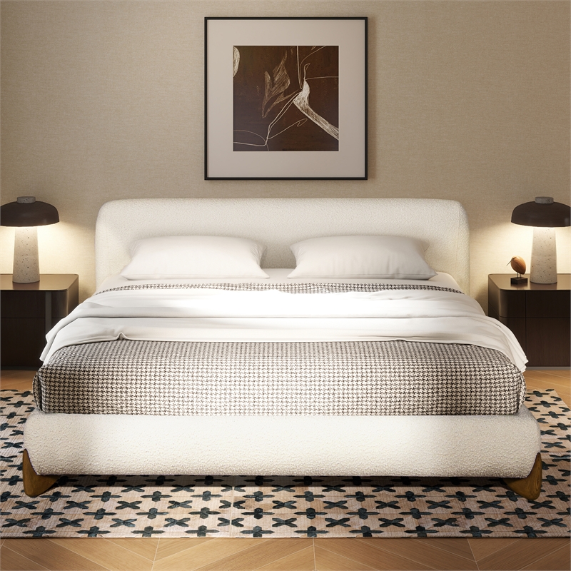 Pemberly Row Puffy Platform Bed King with Sherpa Boucle in Ivory White