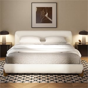 Pemberly Row Puffy Platform Bed King with Sherpa Boucle in Ivory White