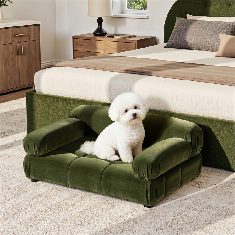 Pemberly Row Upholstered Small to Medium Pet Bed in Olive Green Velvet