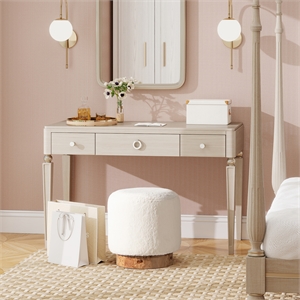 Pemberly Row 16.5&quot Round Faux Fur & Burl Wood Pouf Ottoman in Cottontail White