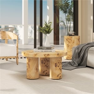 Pemberly Row 28&quot Round Burl Wood Pillar Leg Coffee Table in Natural Brown