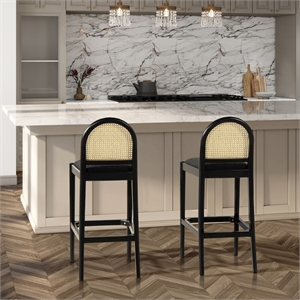 Pemberly Row 30.5&quot Curved Back Rattan Bar Stool Set of 2 in Black Boucle