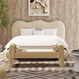 Pemberly Row 60.5&quot Arched Arm Bench with Bolster Pillow in Camel Brown Beige