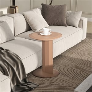 Pemberly Row 18&quot Round C-Shaped Sofa Side Table in Brown Faux Leather