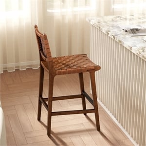 Pemberly Row 26&quot Woven Leather Counter Stool with Back in Pecan Brown