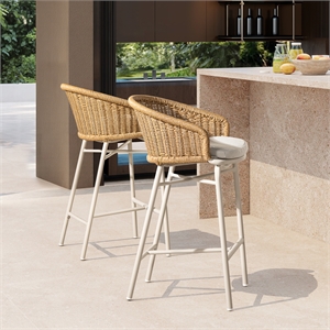 Pemberly Row 28&quot Wicker Back Outdoor Bar Stool Set of 2 in Wheat Beige