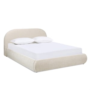 Pemberly Row Grounded Upholstered Platform Bed in Oatmeal Light Beige