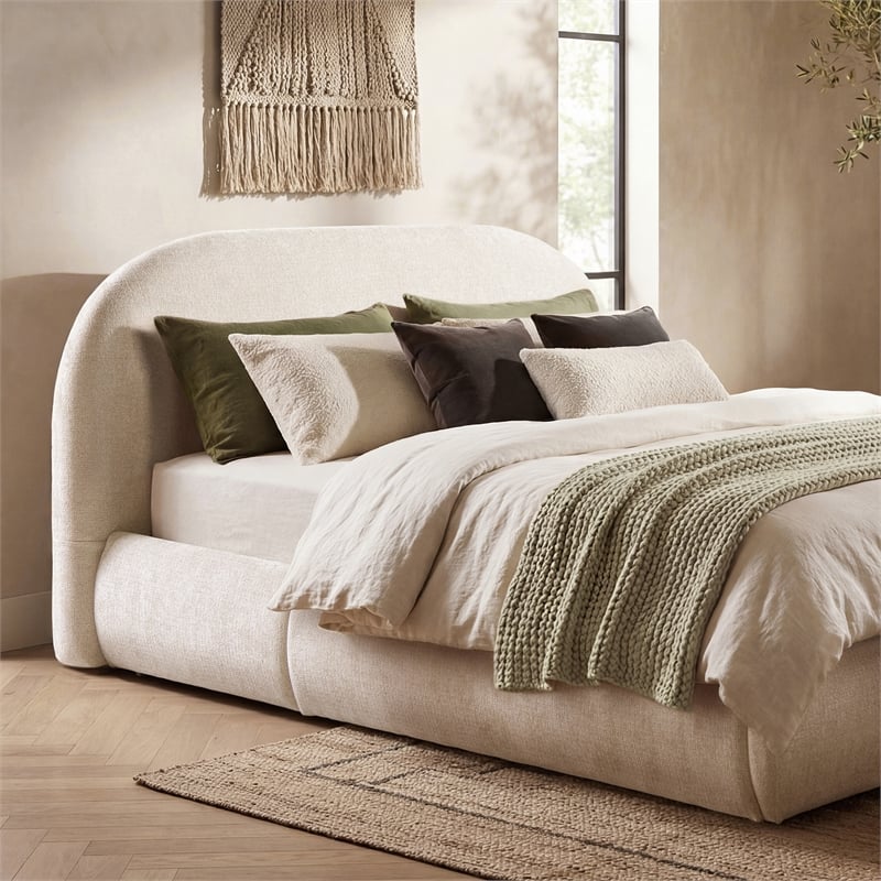 Pemberly Row Grounded Upholstered Platform Bed in Oatmeal Light Beige
