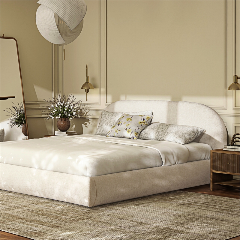 Pemberly Row King Grounded Upholstered Platform Bed in Almond White