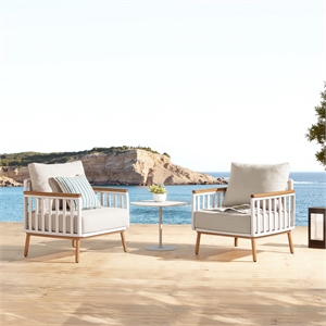 Pemberly Row 29&quot Teak and Aluminum Patio Accent Arm Chair in Sand Dune