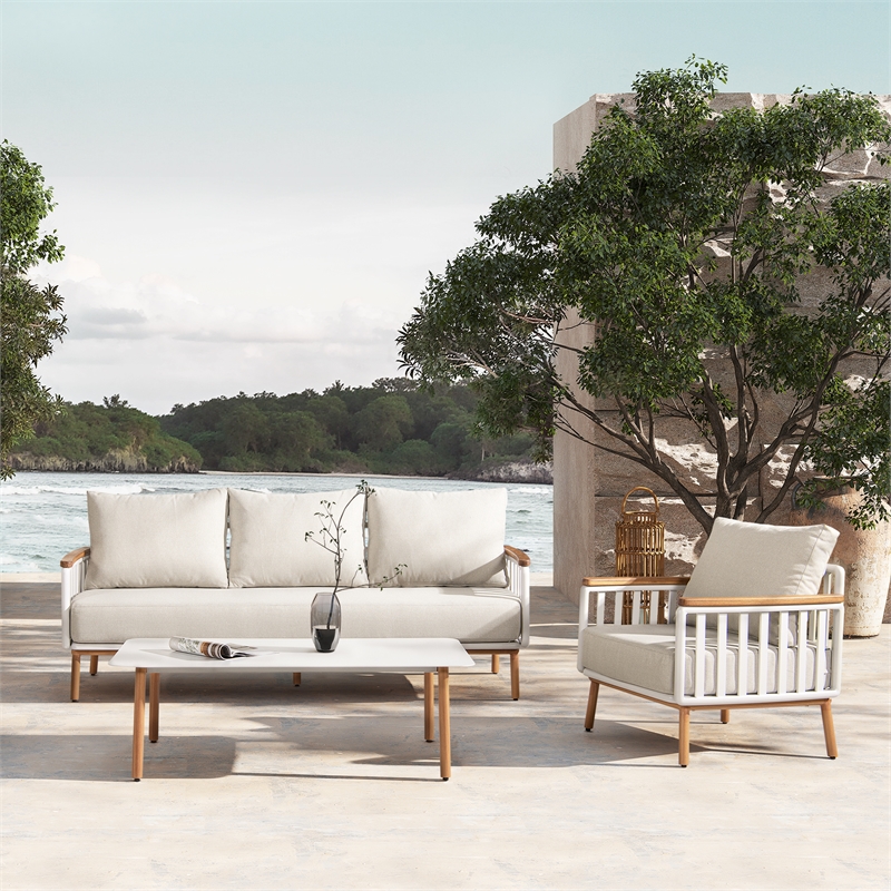 Pemberly Row 2-Piece Teak & Aluminum Outdoor Sofa & Table Patio Set in Sand Dune