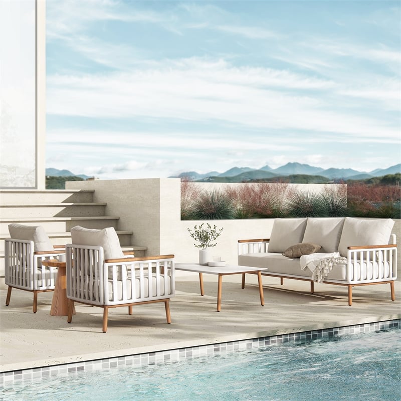 Pemberly Row 4-Piece Teak and Aluminum Patio Conversation Set in Sand Dune