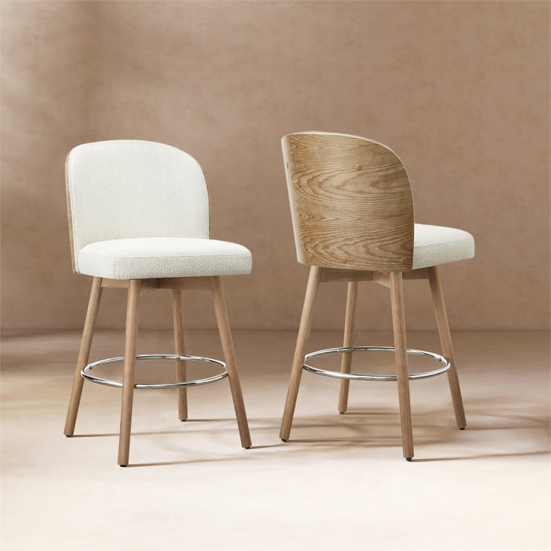 Pemberly Row Upholstered Swivel Counter Stool Set of 2 in Off White Boucle