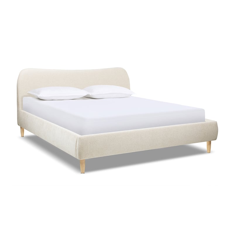 Pemberly Row King Curved Headboard Upholstered Platform Bed in Beige Chenille
