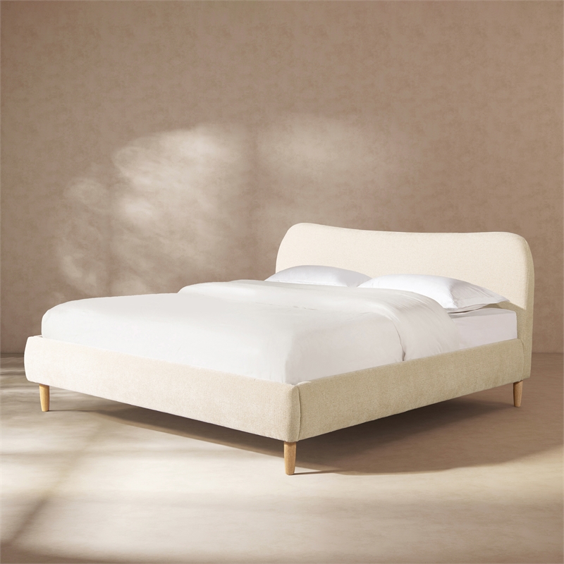Pemberly Row King Curved Headboard Upholstered Platform Bed in Beige Chenille