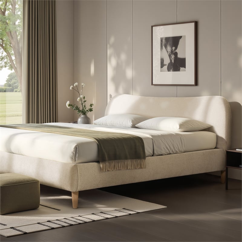 Pemberly Row King Curved Headboard Upholstered Platform Bed in Beige Chenille