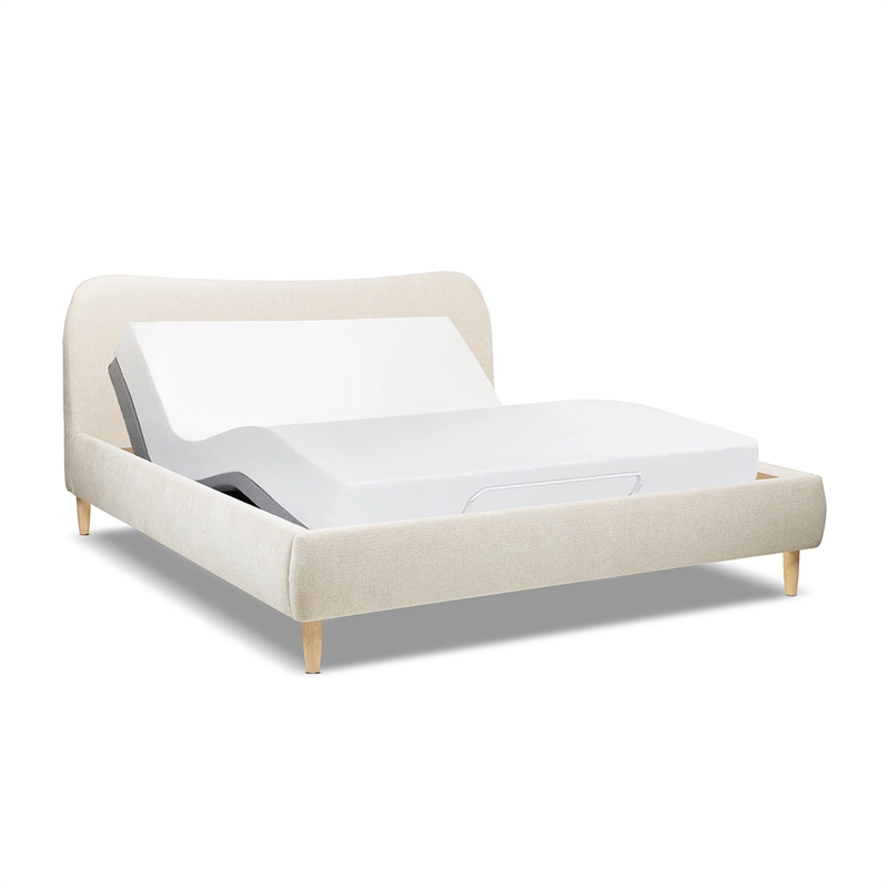 Pemberly Row King Curved Headboard Upholstered Platform Bed in Beige Chenille