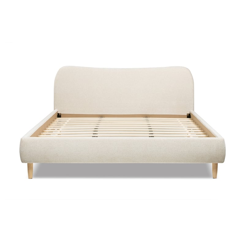 Pemberly Row King Curved Headboard Upholstered Platform Bed in Beige Chenille