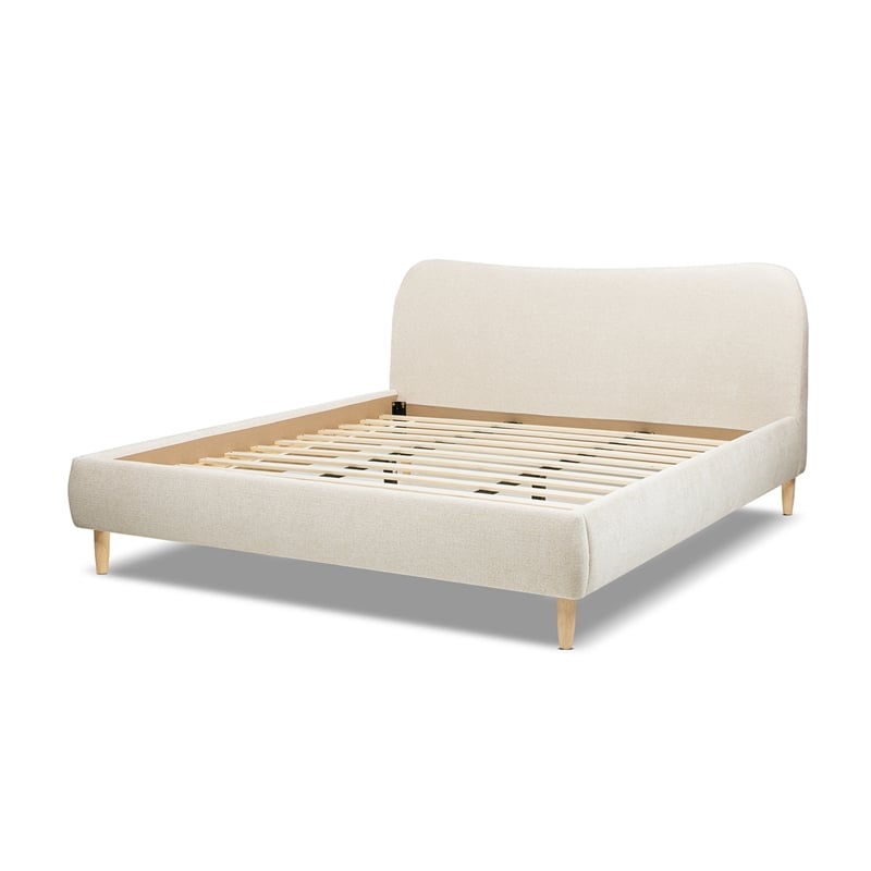 Pemberly Row King Curved Headboard Upholstered Platform Bed in Beige Chenille