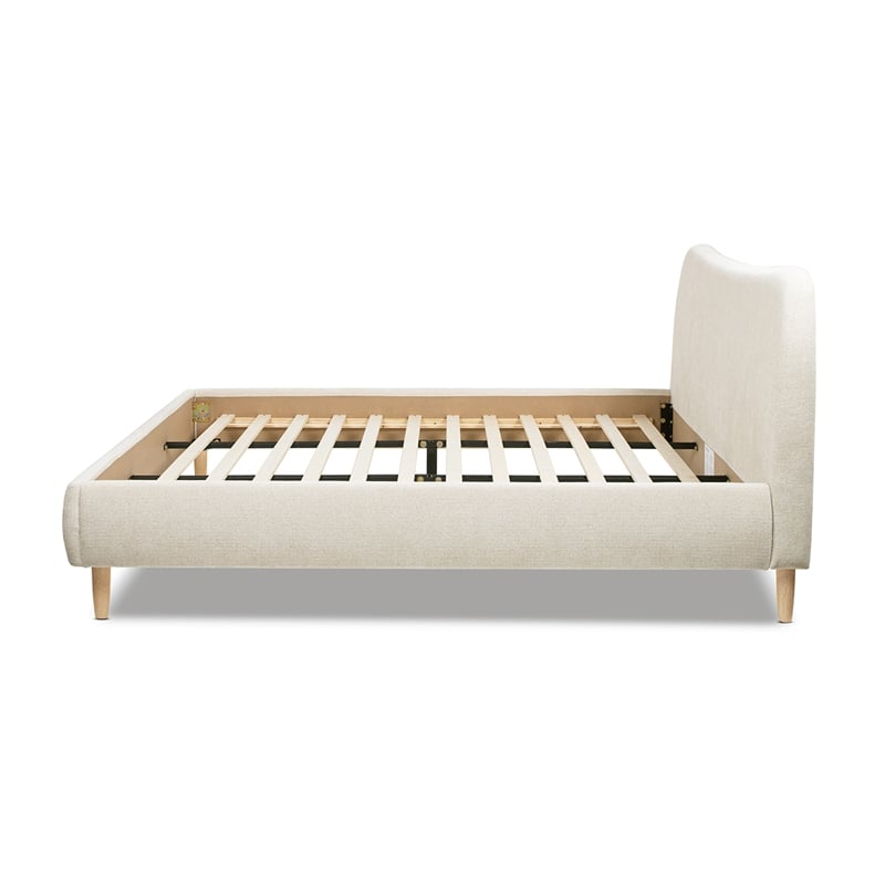 Pemberly Row King Curved Headboard Upholstered Platform Bed in Beige Chenille