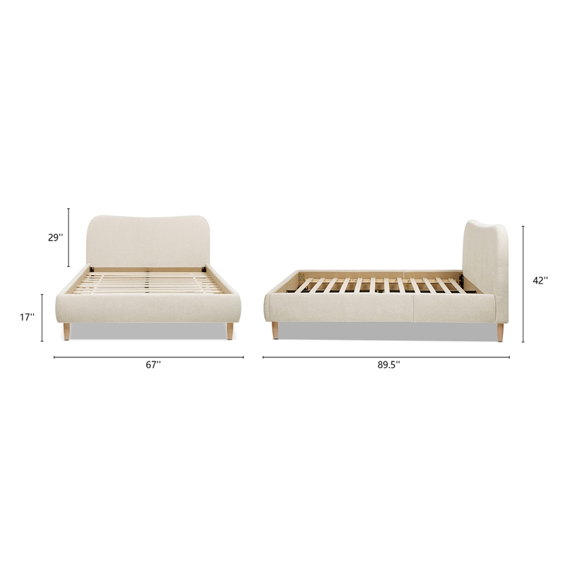 Pemberly Row Queen Curved Headboard Upholstered Platform Bed in Beige Chenille