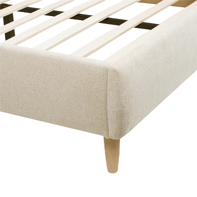Pemberly Row Queen Curved Headboard Upholstered Platform Bed in Beige Chenille
