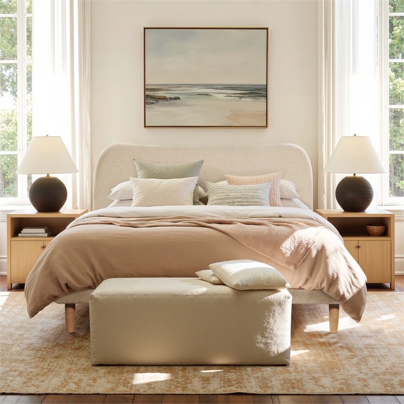 Pemberly Row Queen Curved Headboard Upholstered Platform Bed in Beige Chenille