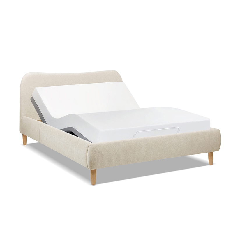 Pemberly Row Queen Curved Headboard Upholstered Platform Bed in Beige Chenille