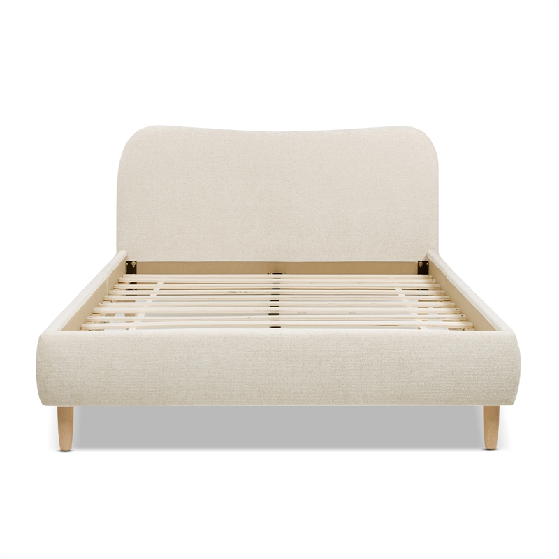 Pemberly Row Queen Curved Headboard Upholstered Platform Bed in Beige Chenille