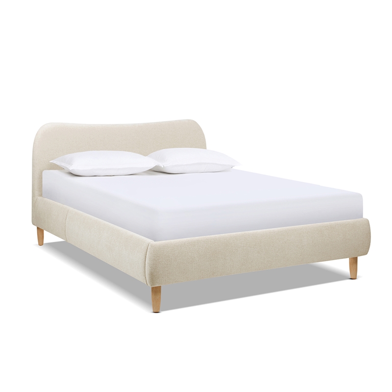 Pemberly Row Queen Curved Headboard Upholstered Platform Bed in Beige Chenille
