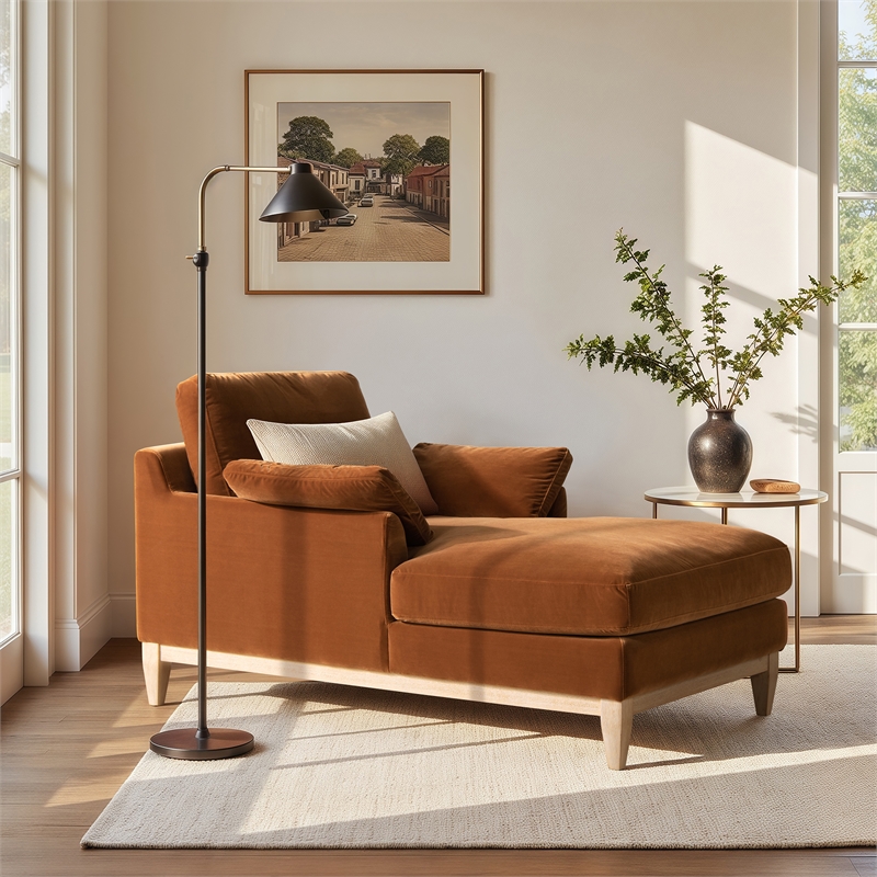 Pemberly Row Farmhouse Chaise Lounge Chair in Burnt Orange Performance Velvet