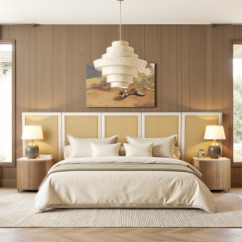 Pemberly Row Extended Headboard Cane Platform Bed in Antique White