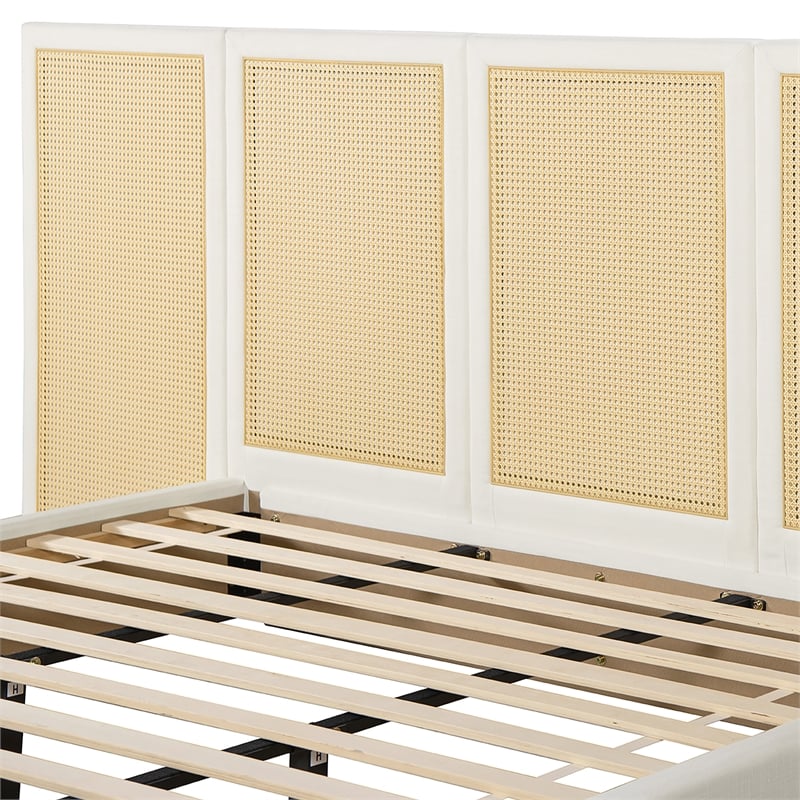 Pemberly Row Extended Headboard Cane Platform Bed in Antique White