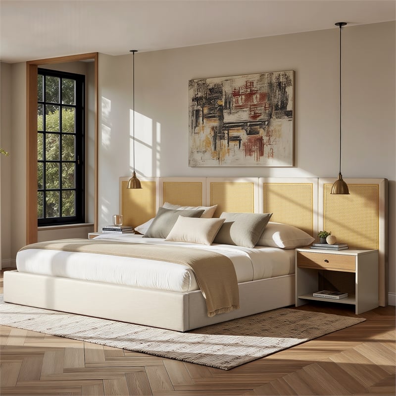 Pemberly Row Extended Headboard Cane Platform Bed in Antique White