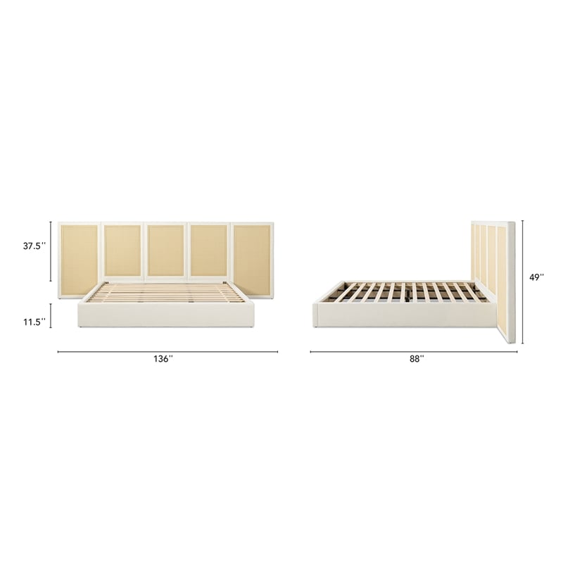 Pemberly Row Extended Headboard Cane Platform Bed in Antique White