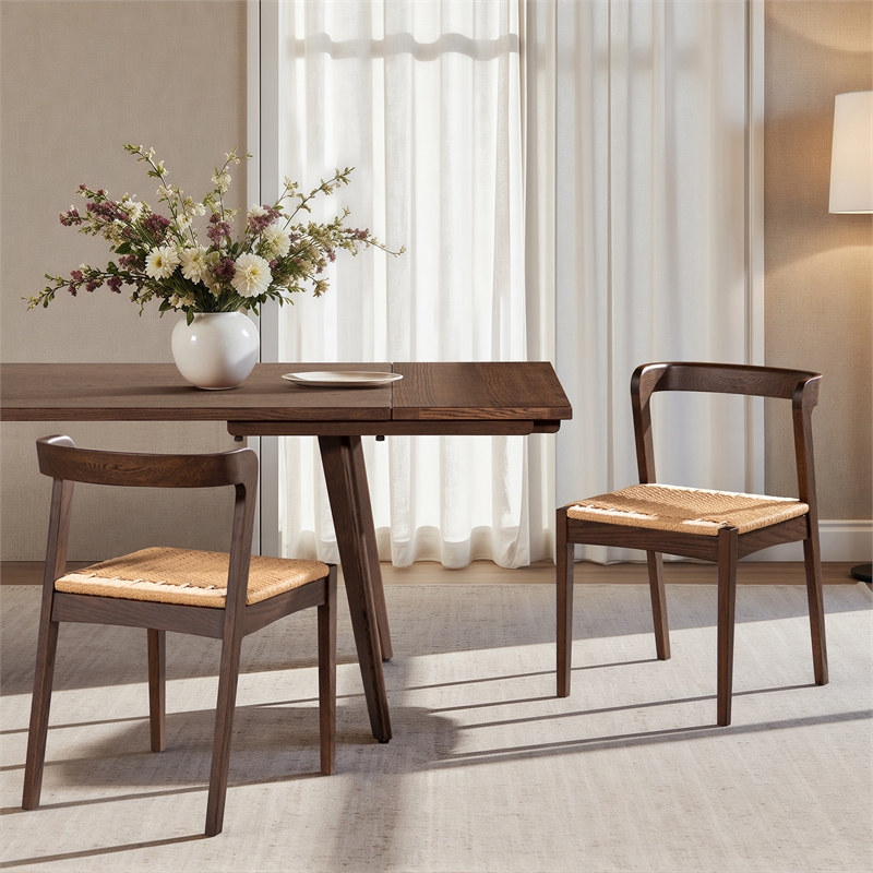 Pemberly Row Contemporary Woven Seat Oak Wood Dining Chair in Dark Brown