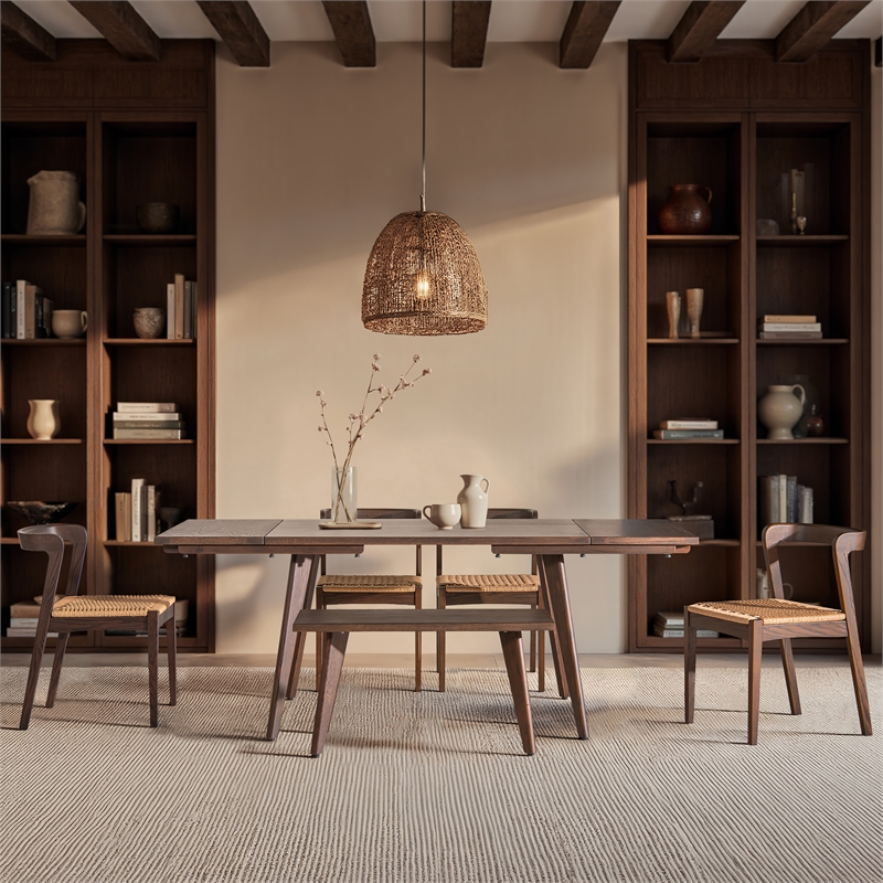Pemberly Row Contemporary Woven Seat Oak Wood Dining Chair in Dark Brown